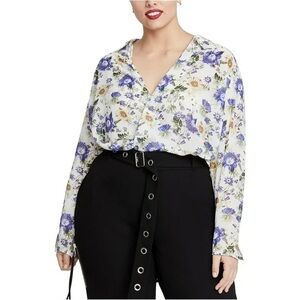 NWT Rachel Roy Floral Surplice Wrap Blouse White Blue 14W